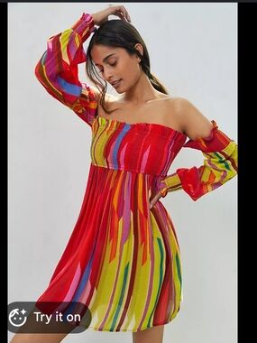 Anthropologie Red Multicolor Off-Shoulder Ruffled Mini Dress